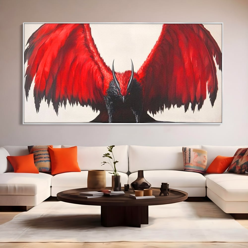 Tablou canvas cu tablou canvas cu pasare fantastica rosu cu negru, in rama de aluminiu argintiu, pe perete intr-un living